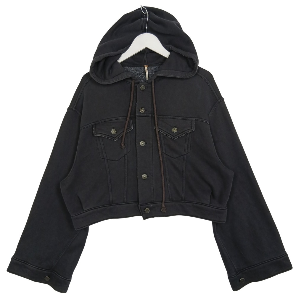 Free People Rumors Cropped Hoodie Fleece Jacket Black OB958949 Small